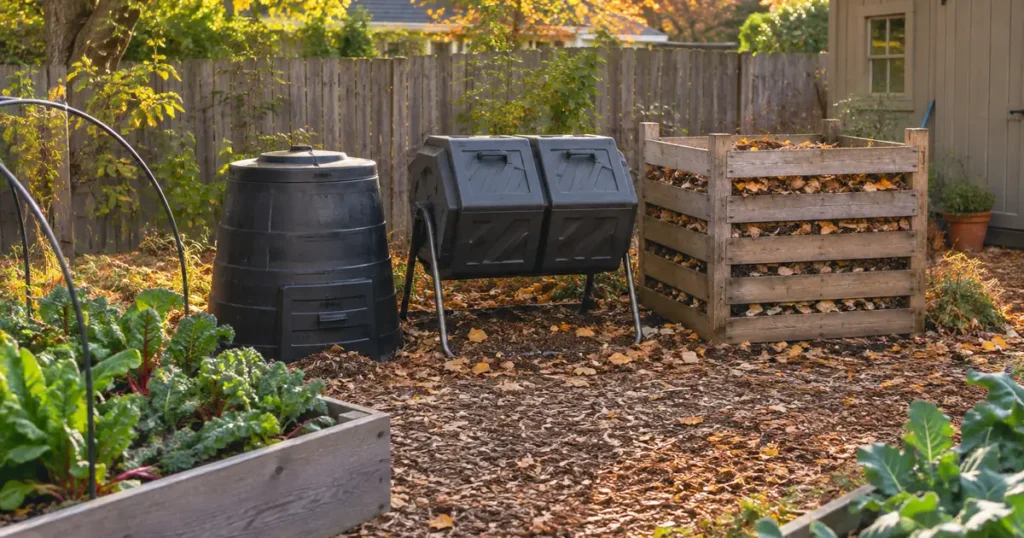 Different types of compost bin side by side in a backyard vegetable garden, including a tumbler and pallet bin