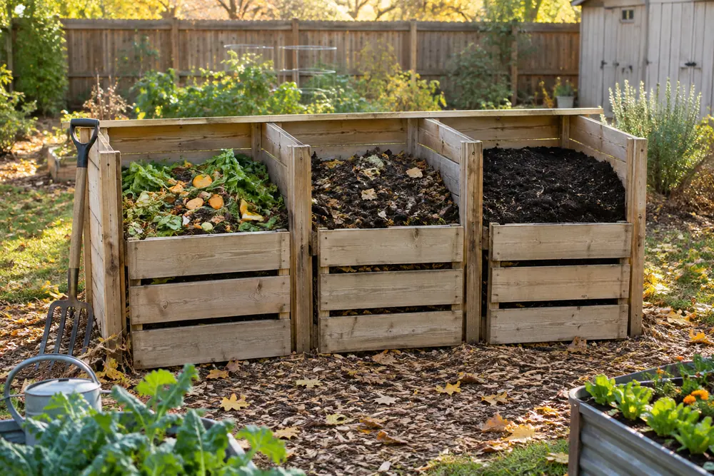 Homemade wooden 3-bin compost bin system in a backyard garden