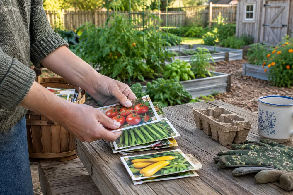 Sorting heirloom seeds and non-GMO seed packets for spring planting