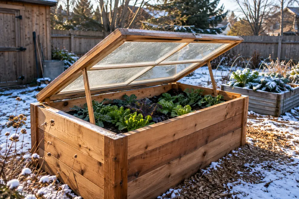 DIY cold frame built from cedar boards and an old window, an example of how to build a cold frame