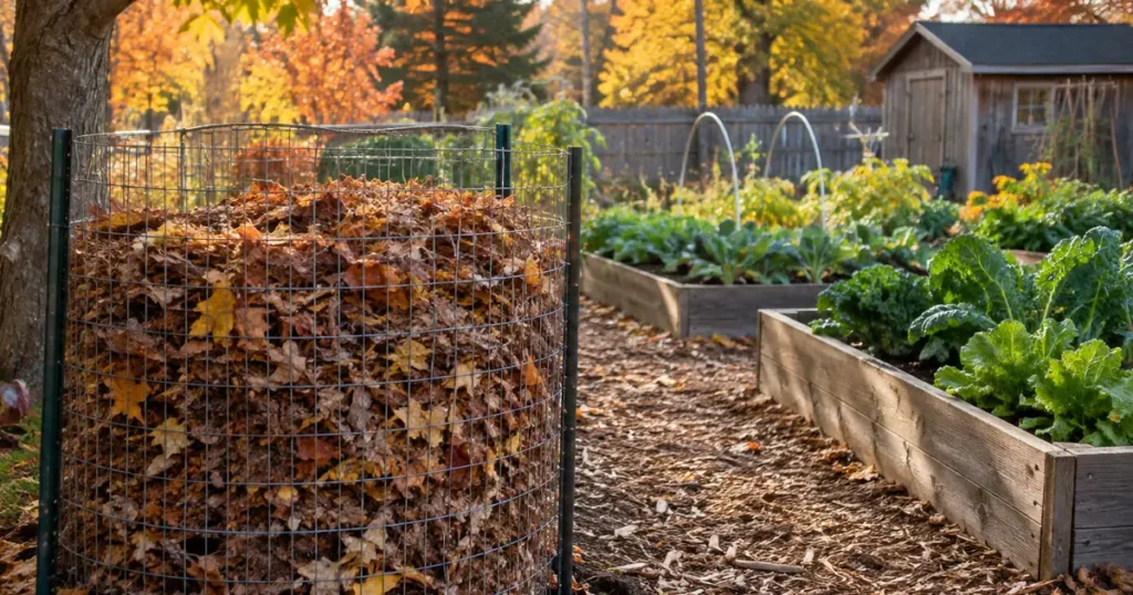 Shredded fall leaves in a wire bin for composting leaves into leaf mold in a backyard vegetable garden