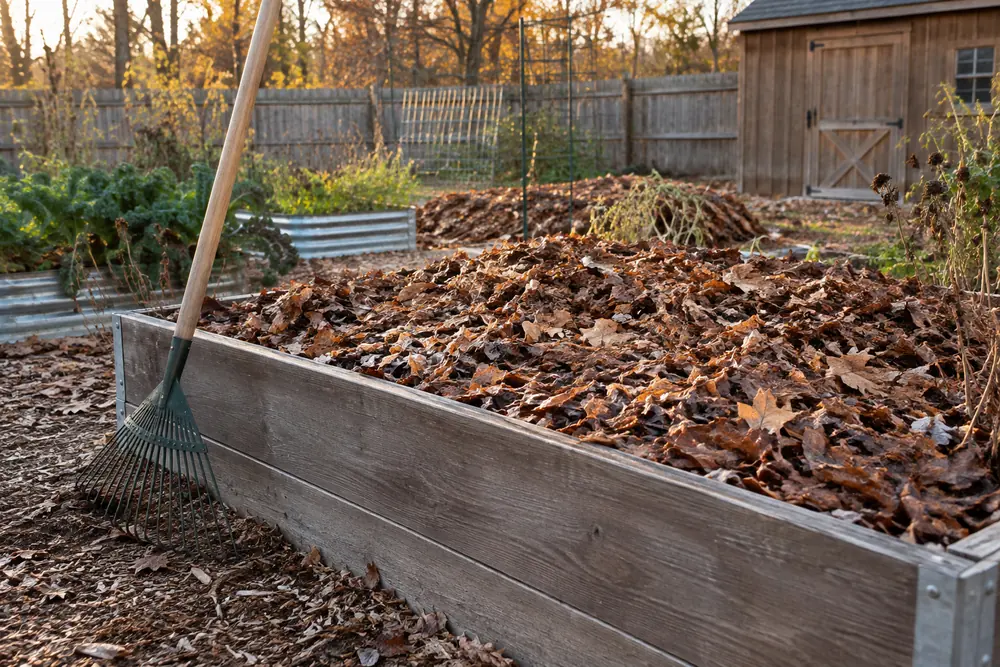 Shredded leaves mulch covering an empty vegetable garden bed for winter