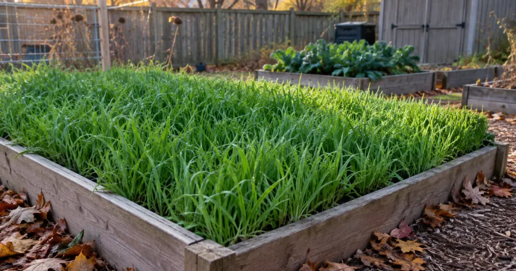 Young winter rye growing as a cover crop in a backyard vegetable garden raised bed in fall