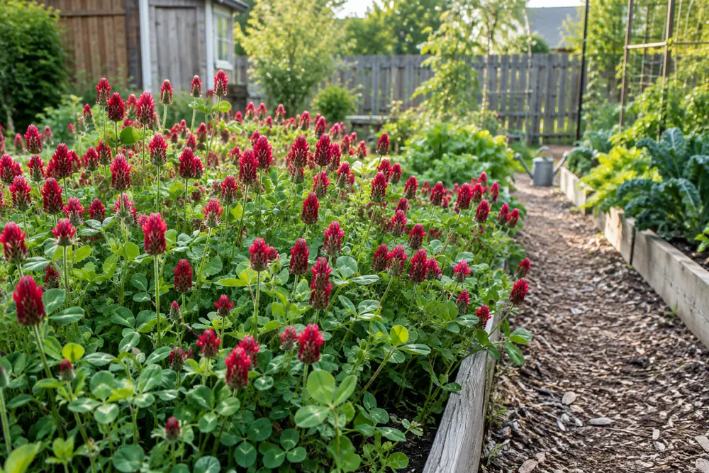 Crimson clover cover crop flowering in a vegetable garden bed in spring