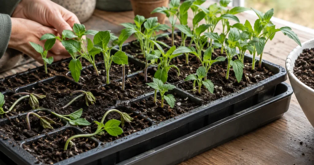 Seedlings collapsed at the soil line in a tray, a classic sign of damping off