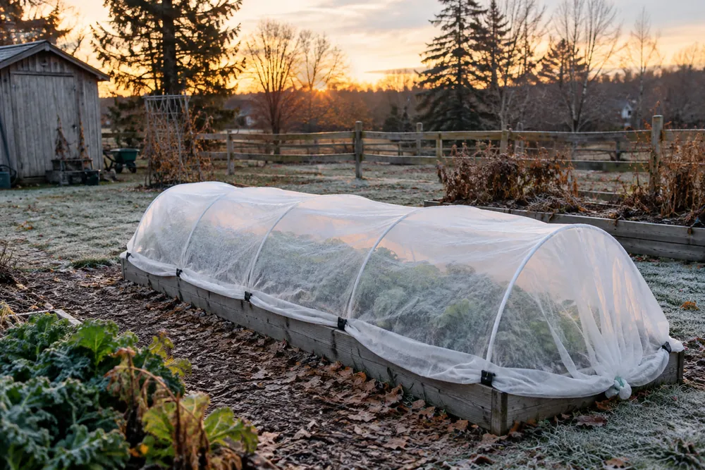 Floating row cover on hoops protecting a fall vegetable garden from frost