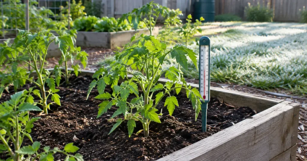 Tomato transplants in a raised bed after the last frost date, with a garden thermometer