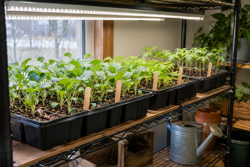Seedlings started indoors weeks before the last frost date