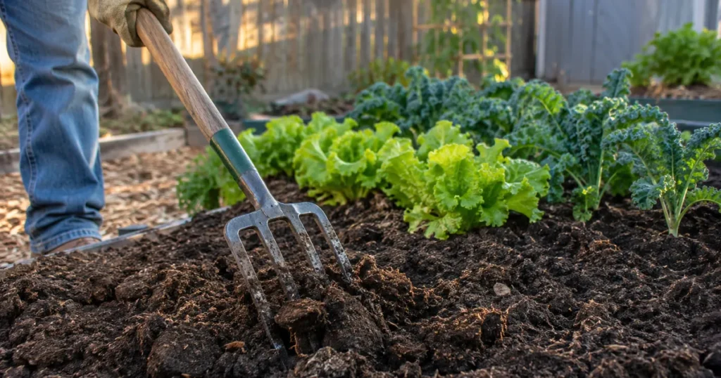 Dark crumbly garden soil turned with a fork in a backyard vegetable bed
