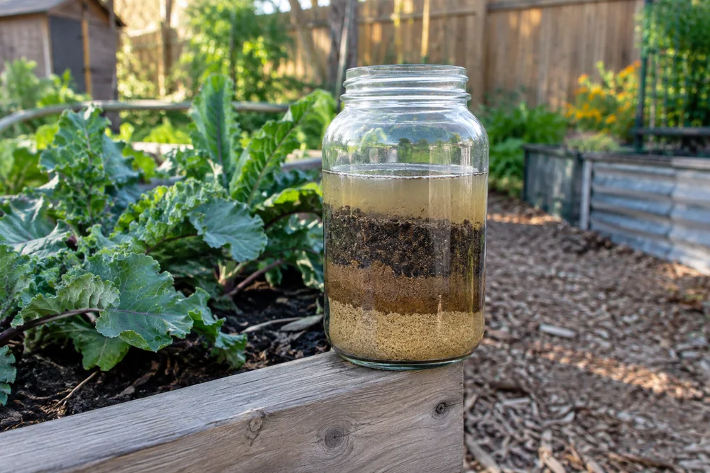 Soil jar test showing sand, silt and clay layers to identify garden soil texture