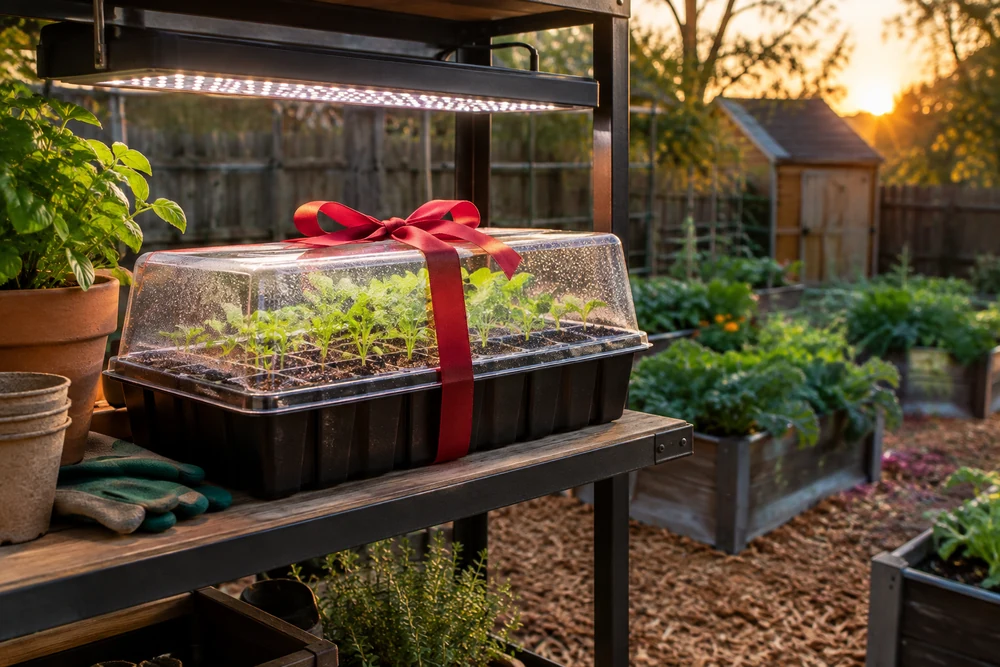 Seed-starting kit and grow light wrapped as gardening gifts