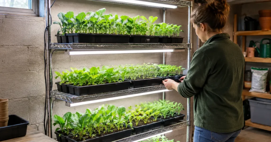 Vegetable seedlings under white LED grow lights for seedlings on a home wire shelf
