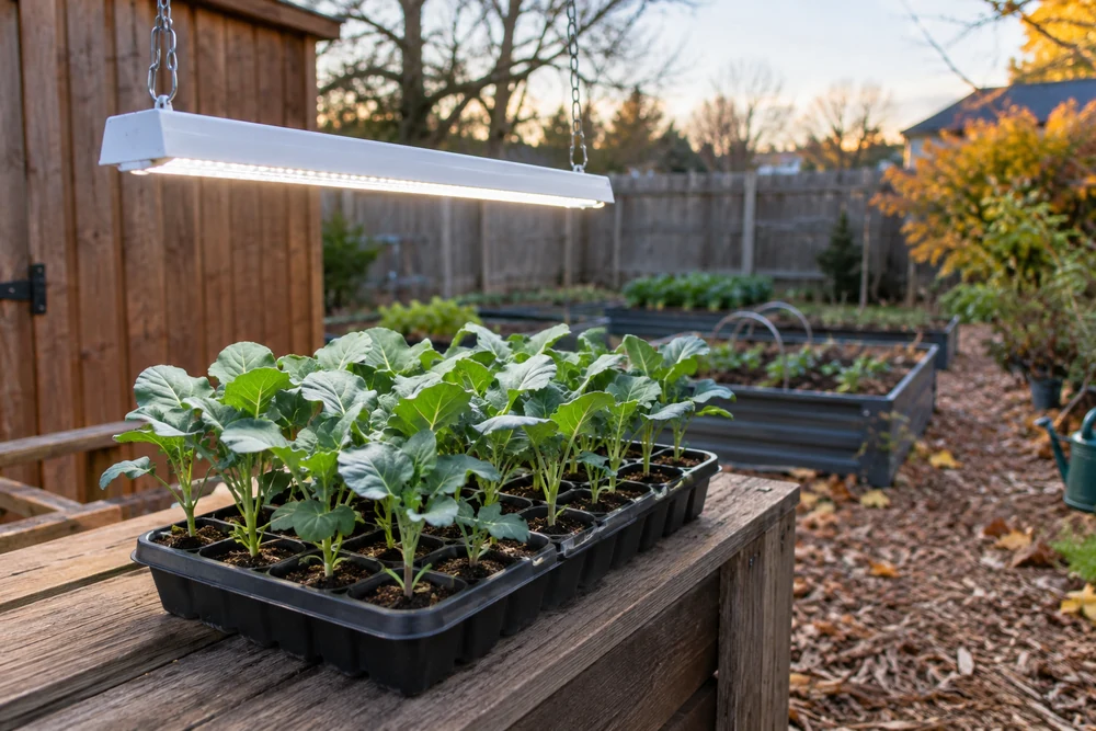 Stocky broccoli seedlings a few inches below an LED strip, the right grow light distance