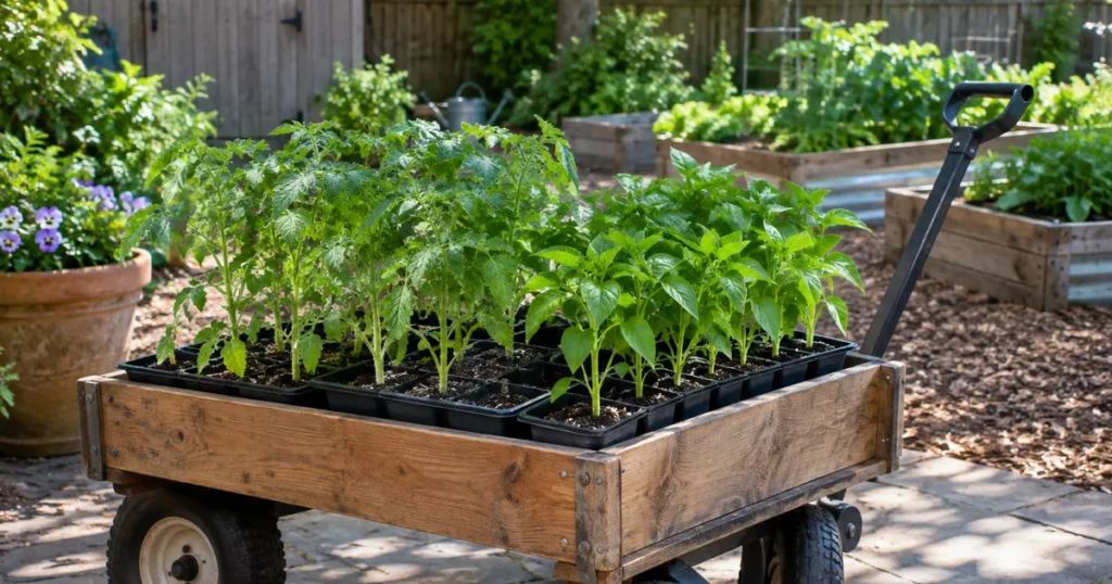 Tomato and pepper seedlings on a wagon in light shade, part of hardening off seedlings