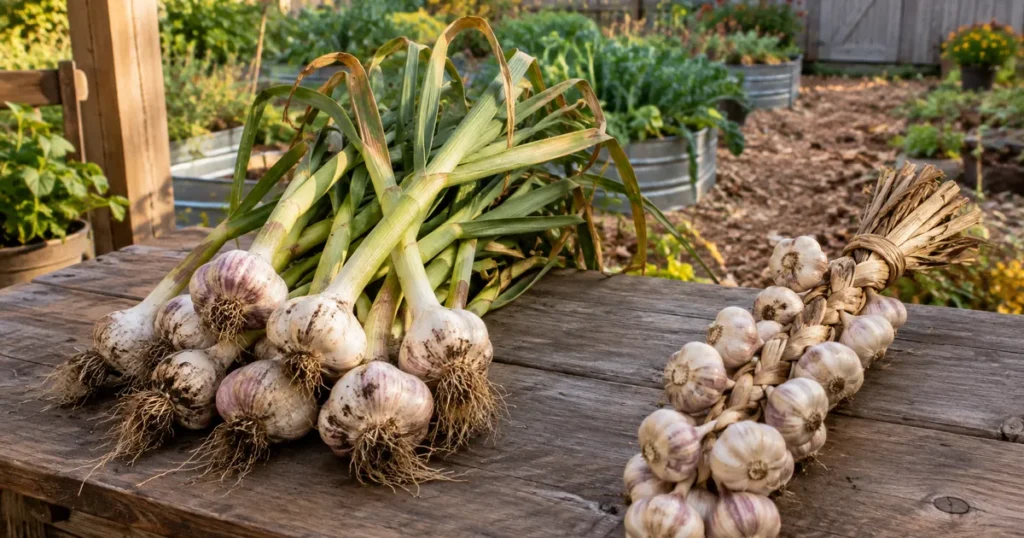 Hardneck vs softneck garlic: cured hardneck bulbs next to a softneck garlic braid