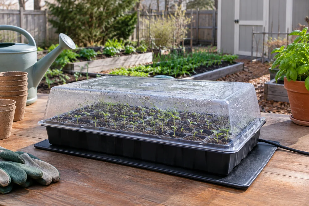 Seedlings emerging in a tray on a heat mat, showing how to germinate seeds indoors