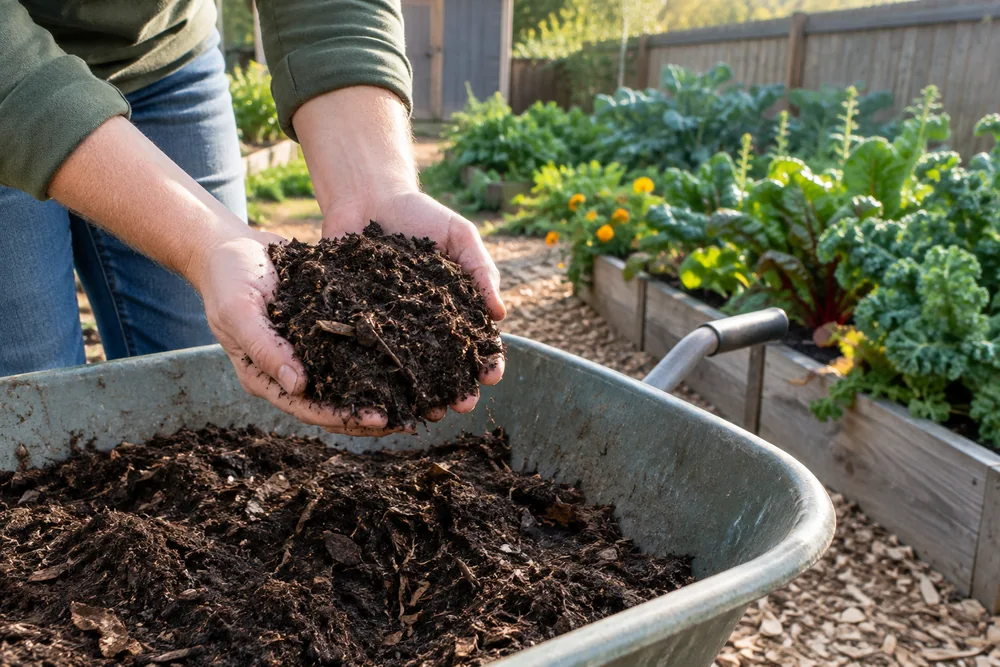 Finished dark crumbly compost ready to spread on a vegetable garden