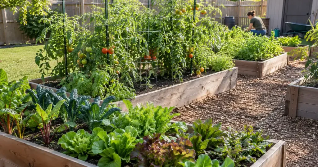 Three raised beds with mulched paths showing smart garden planning for a backyard vegetable garden