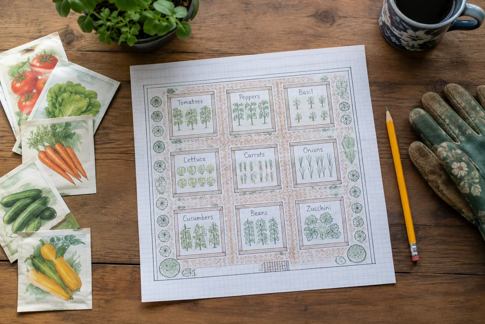 Hand-drawn vegetable garden plan on graph paper with seed packets