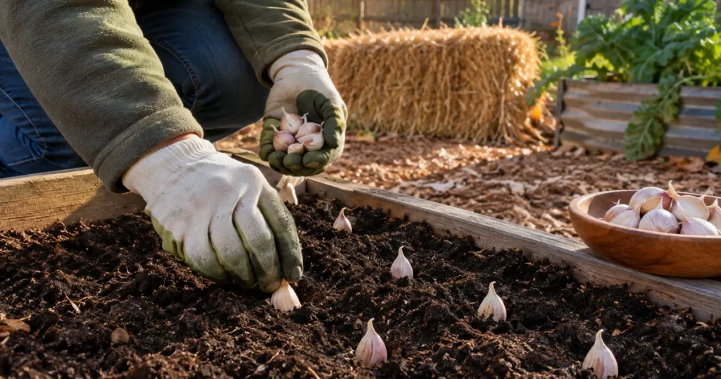 How to plant garlic: cloves set pointed end up in a raised bed in fall