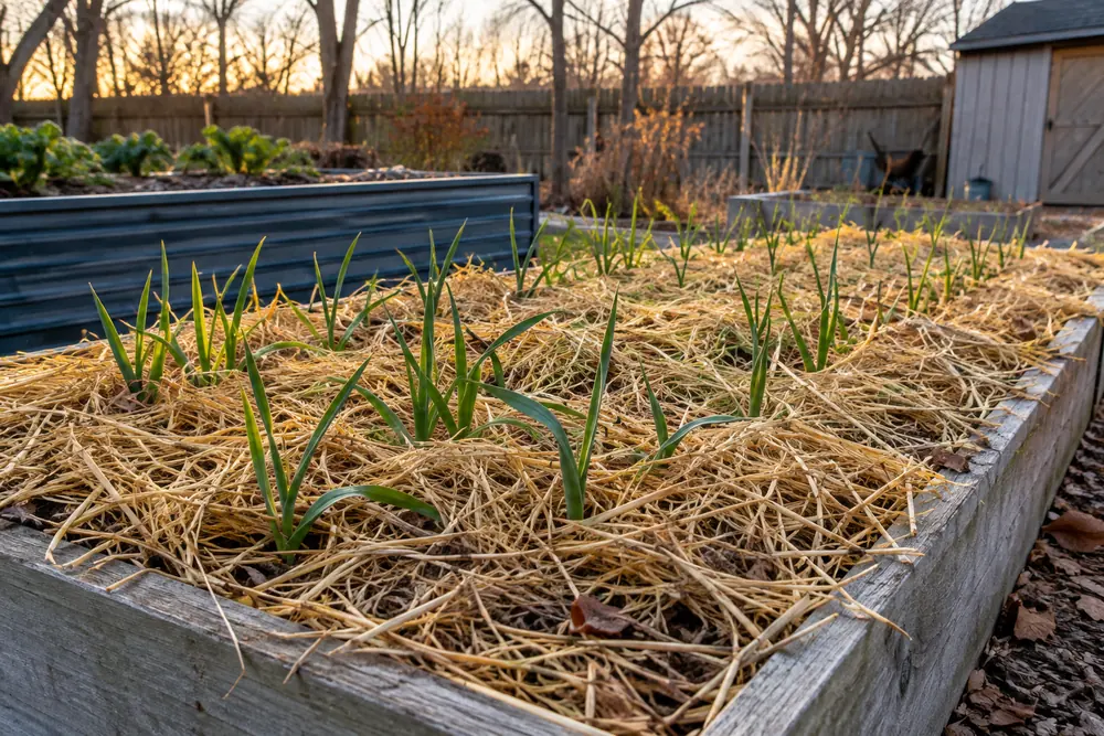 Garlic bed mulched with straw for winter in a backyard raised bed