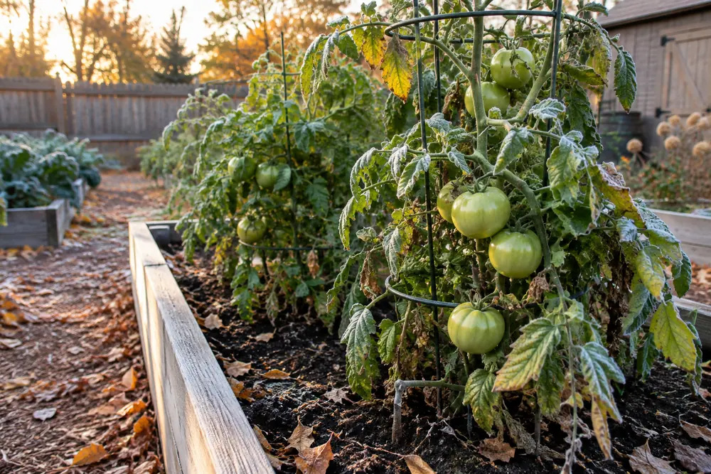 Mature green tomatoes on a fall tomato plant just before the first frost