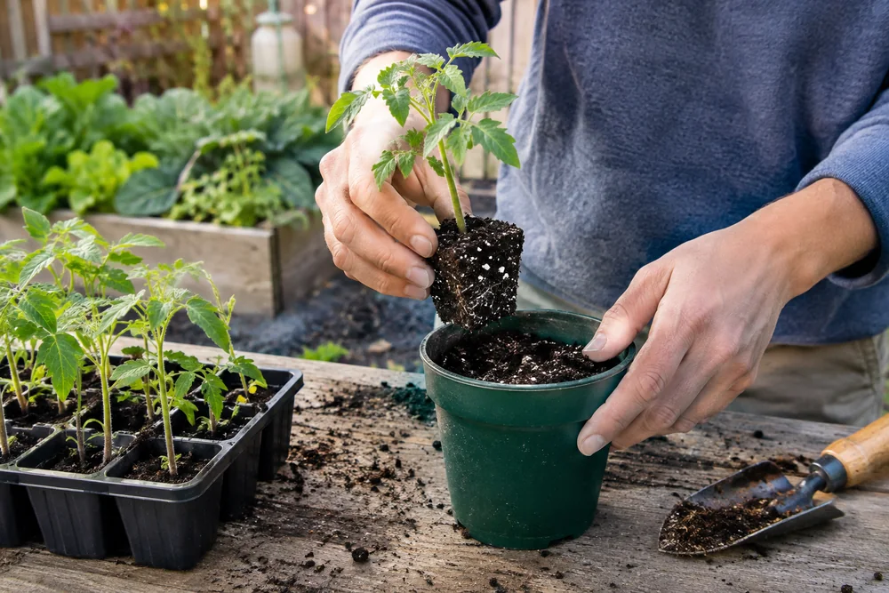 Potting up a tomato seedling into a larger pot, a key step when starting seeds indoors