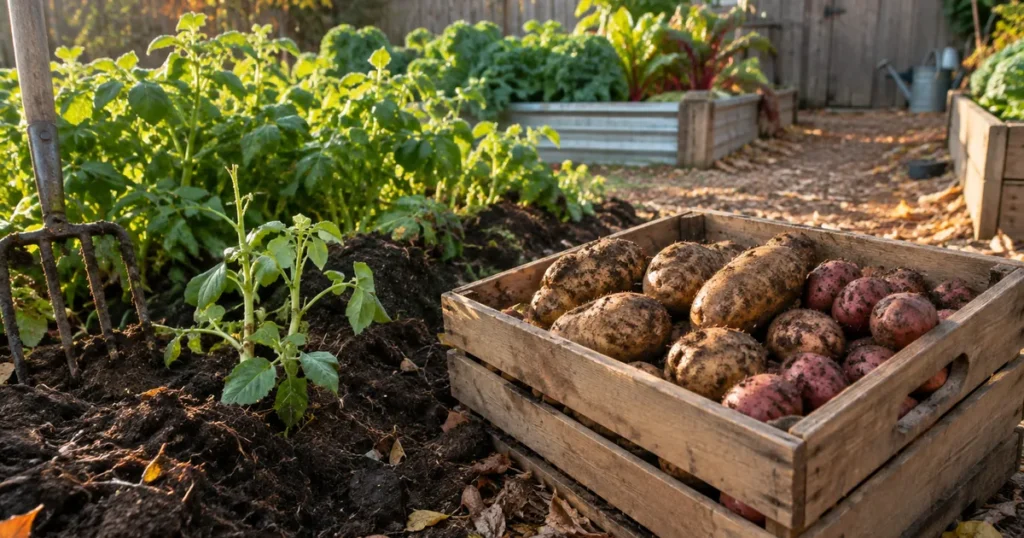 How to store potatoes: freshly dug russet and red potatoes in a wooden crate beside the vegetable garden