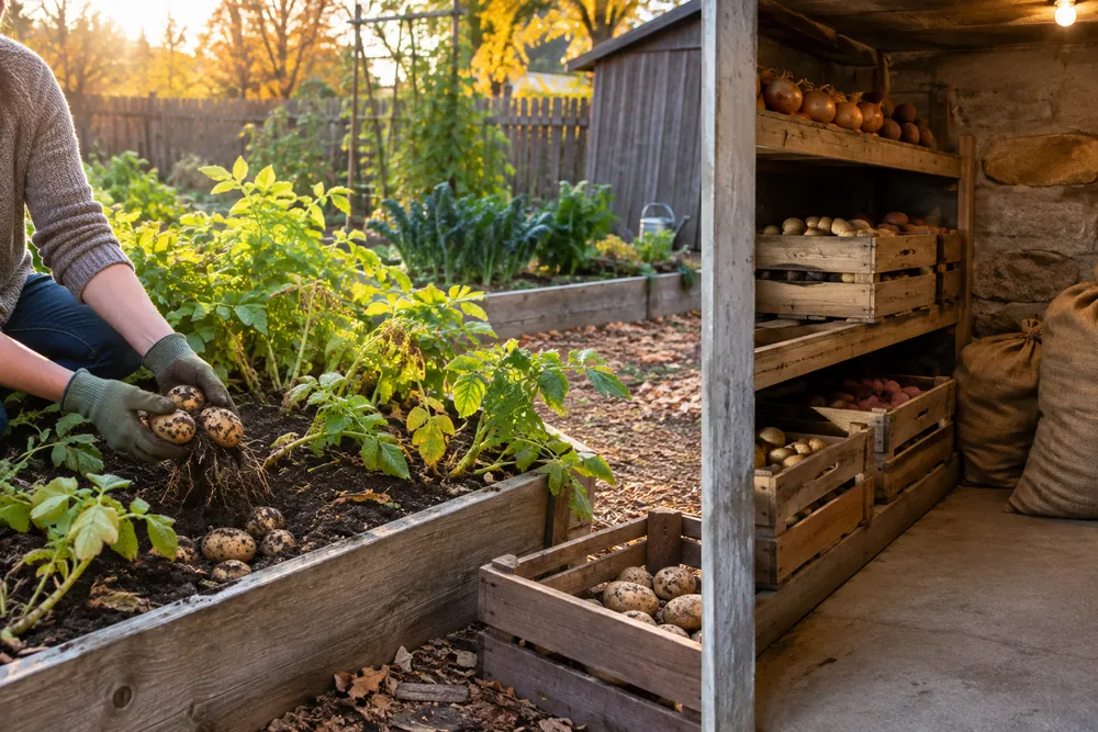 Potatoes curing in a crate next to a root cellar shelf of stored crates, ready for winter storage
