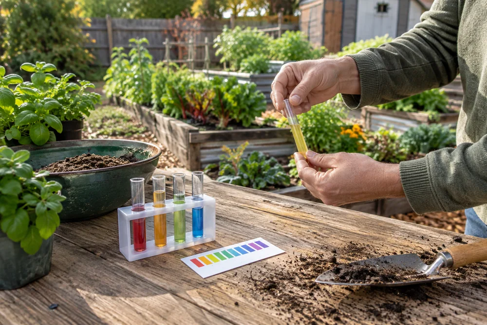 Home soil pH test kit with color chart next to a backyard vegetable garden