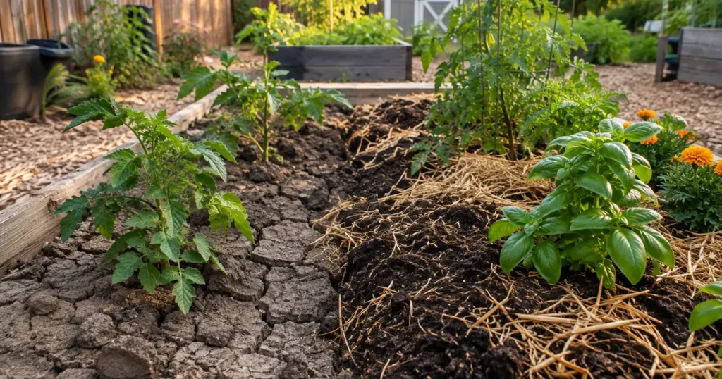 Clay soil in a vegetable garden next to a bed improved with compost and mulch