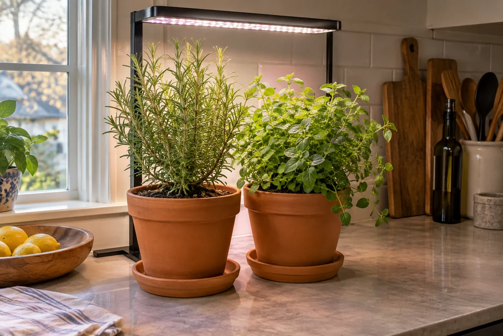 Herbs growing indoors under an LED grow light in terracotta pots