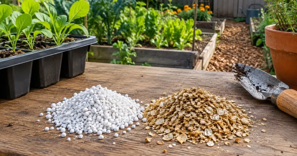 White perlite and golden vermiculite side by side on a potting bench, perlite vs vermiculite comparison