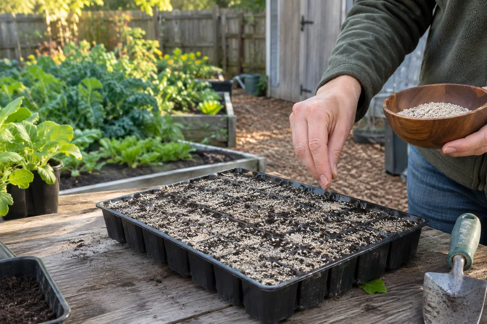 Seed tray topped with fine vermiculite, a common use of vermiculite for seed starting