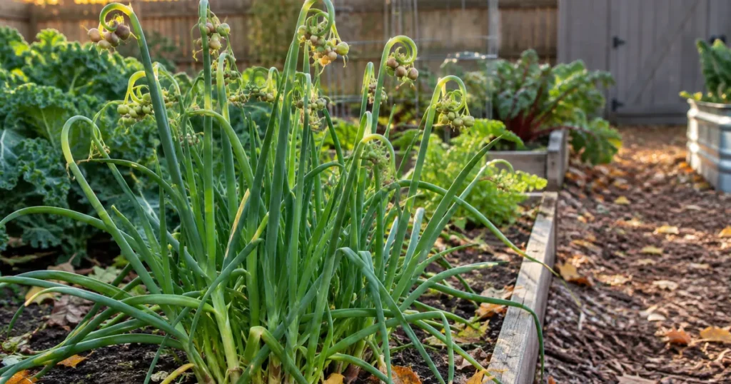 Planting onions in fall: a clump of green overwintering onions growing in a raised backyard bed in autumn light