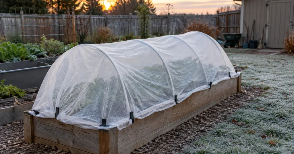 White frost cloth over hoops on a raised bed, showing how to cover plants for frost