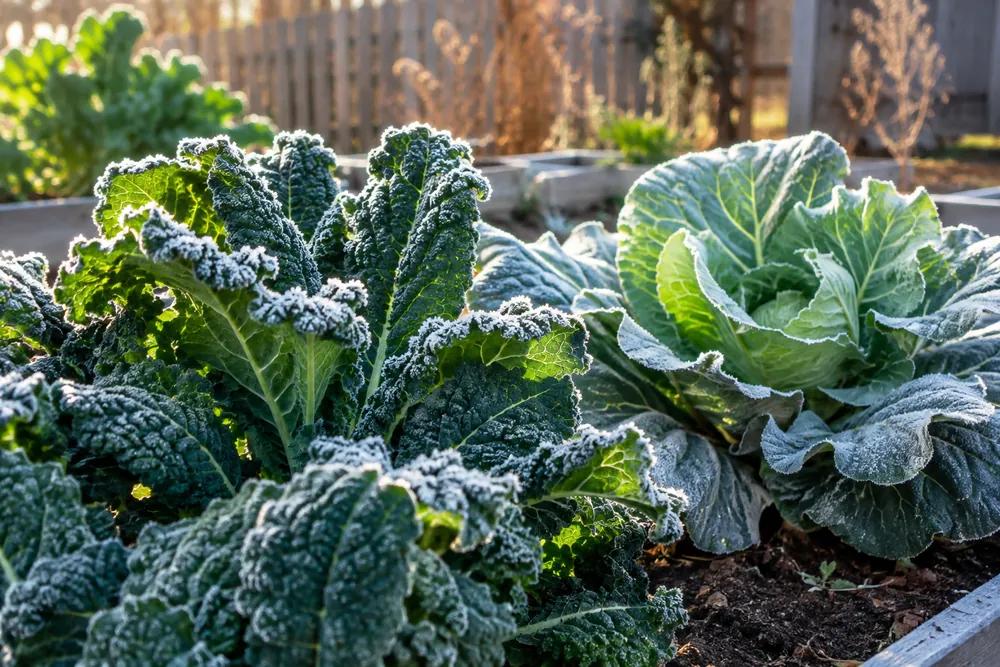 Frost-covered kale and cabbage, hardy vegetables that don't need frost protection for plants