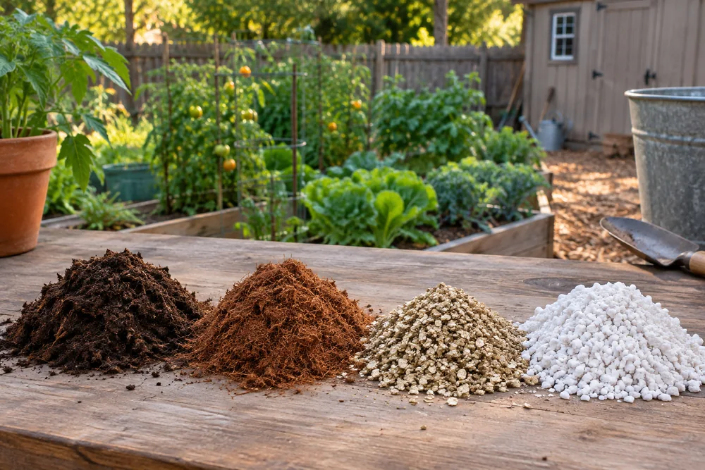 Peat moss, coir, vermiculite and perlite, the main seed starting mix ingredients