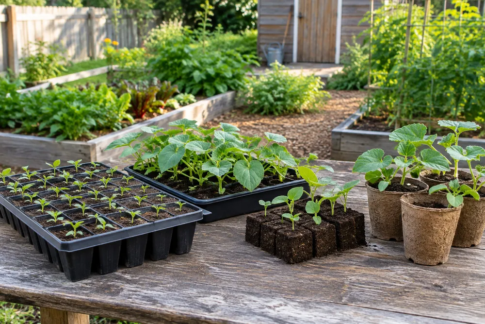 Cell tray, open flat, soil blocks and fiber pots compared for seed starting