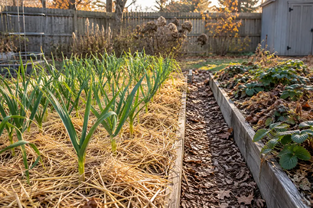 Straw-mulched garlic and strawberries overwintering, crops where your hardiness zone matters most