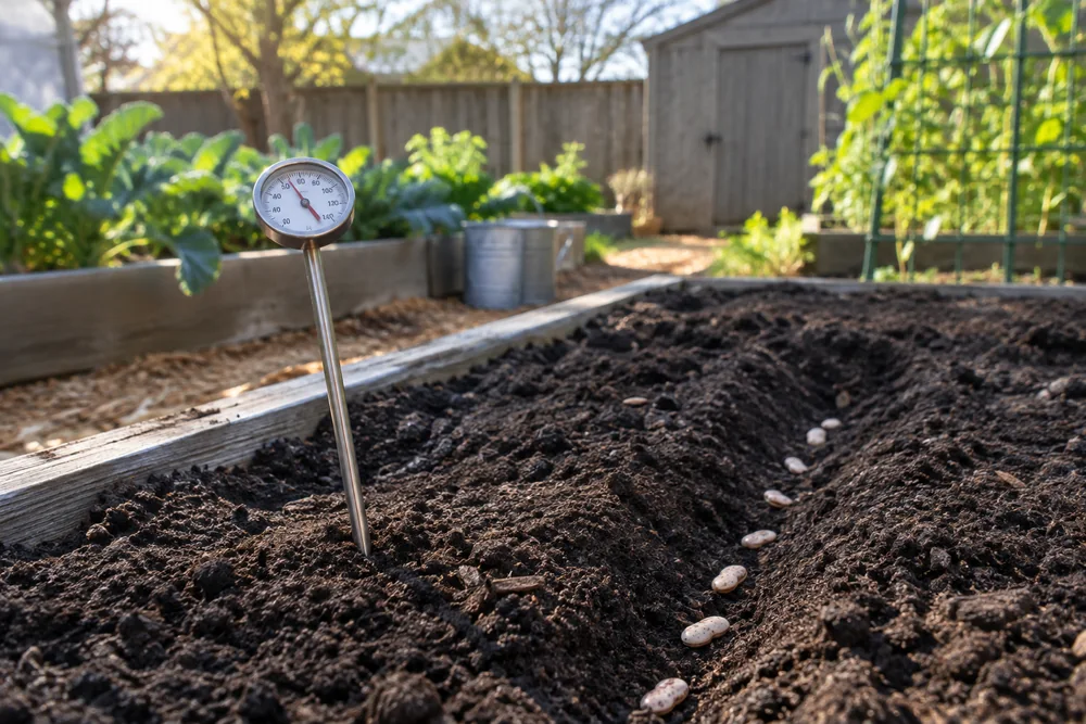Soil thermometer checking soil temperature before planting beans