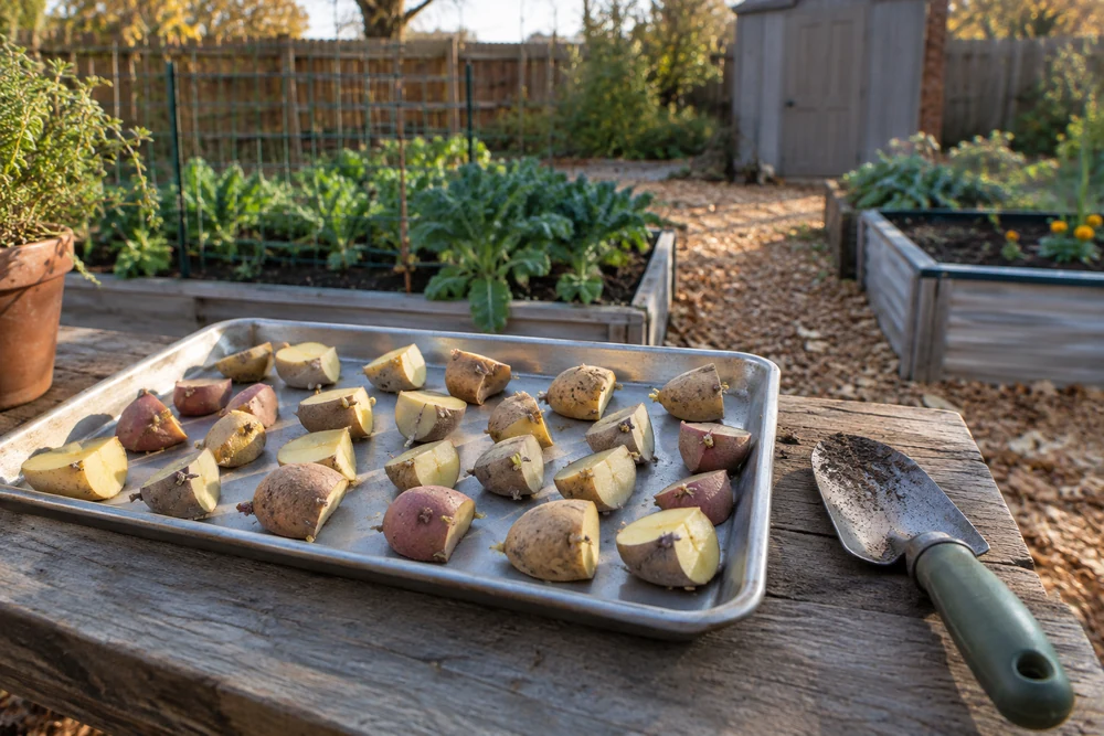 Cut seed potatoes curing before planting in a February garden