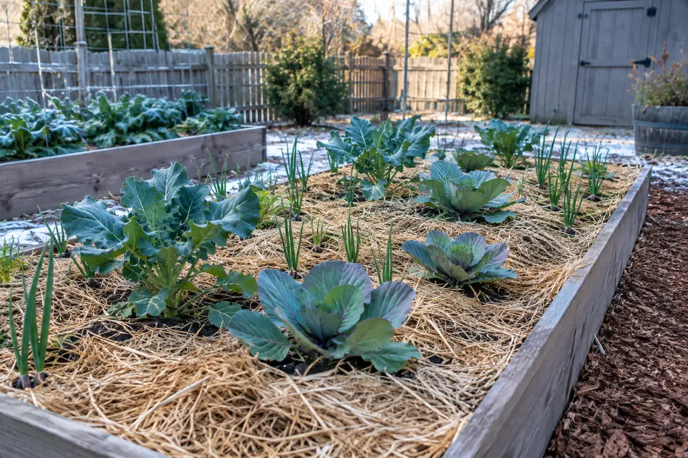 Broccoli, cabbage and onion transplants growing outdoors in a January garden in a warm zone