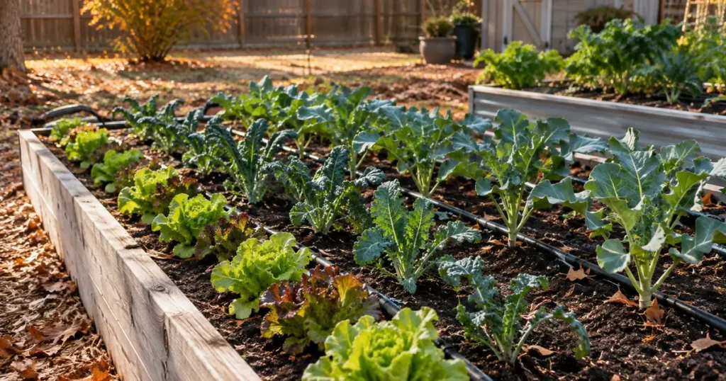 Raised bed of lettuce, kale and broccoli transplants showing what to plant in November in a warm zone
