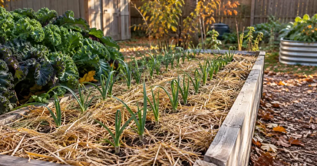 Garlic bed mulched with straw in a backyard garden, a classic choice for what to plant in October