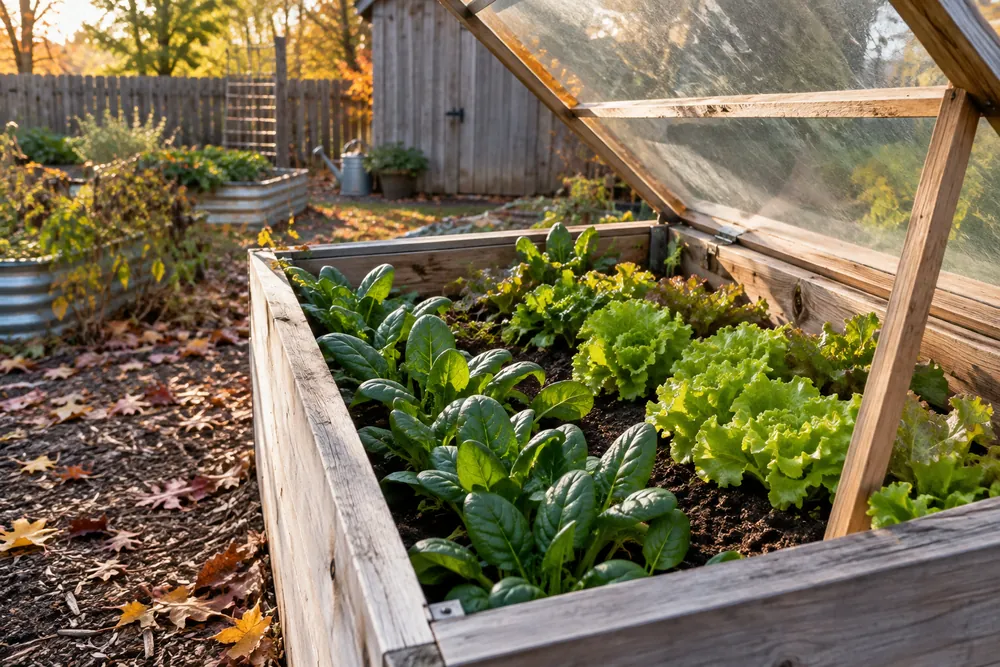 Spinach and lettuce seedlings in a cold frame sown in October