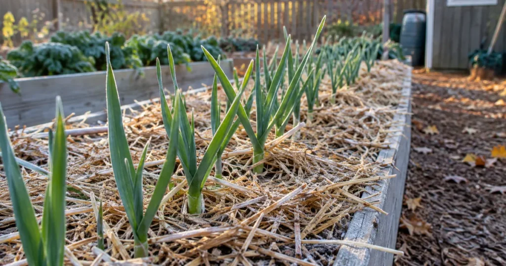 When to plant garlic: young garlic shoots emerging through straw mulch in fall