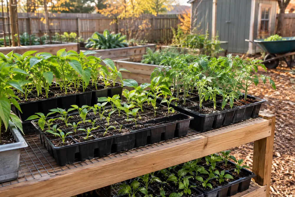 Seedlings at different stages from a staggered seed starting schedule