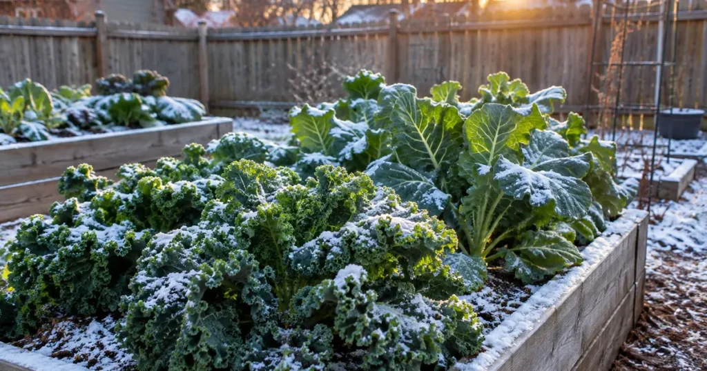 Kale and collards dusted with snow, two of the hardiest winter vegetables
