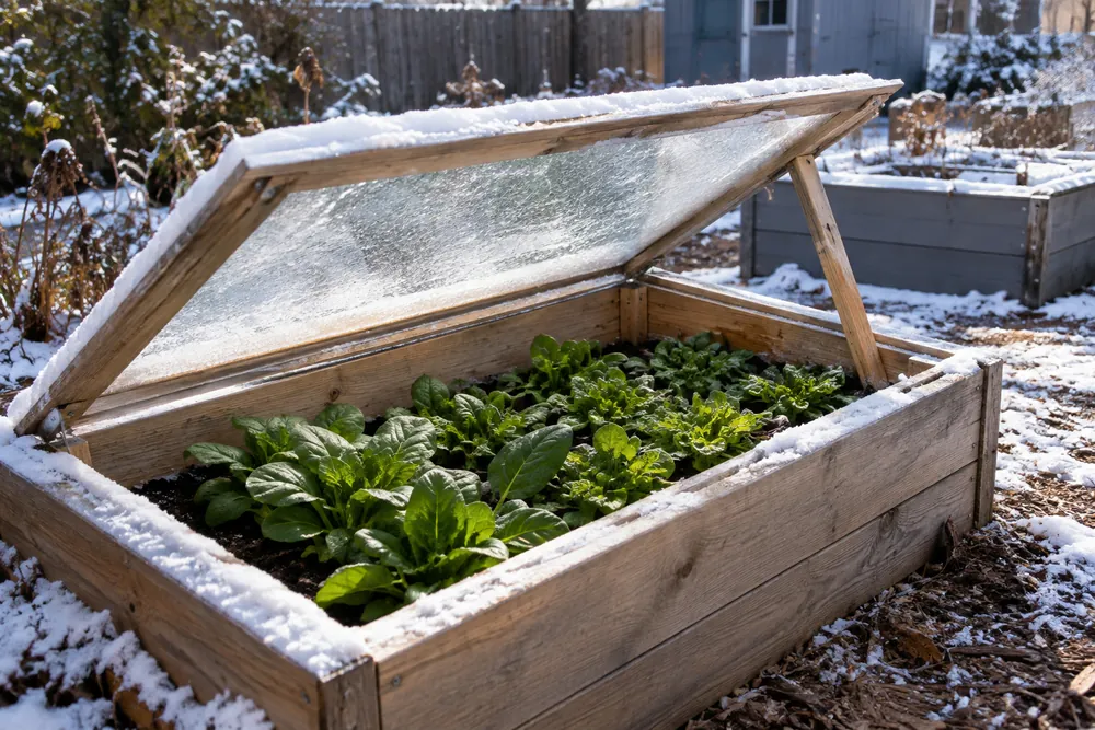 Cold frame full of spinach and mache in a snowy winter vegetable garden